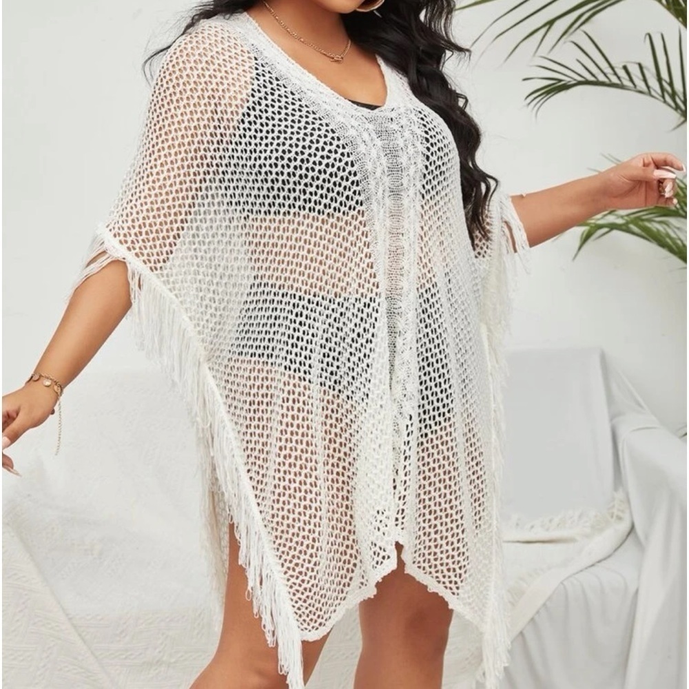 Breezy Knit Fringe Trim Poncho Swimsuit Coverup